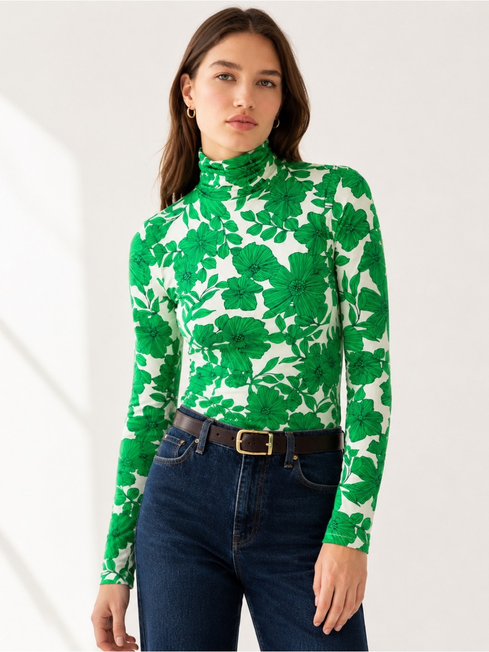J.Crew Green Floral Turtleneck Top XL Stretch Long Sleeve